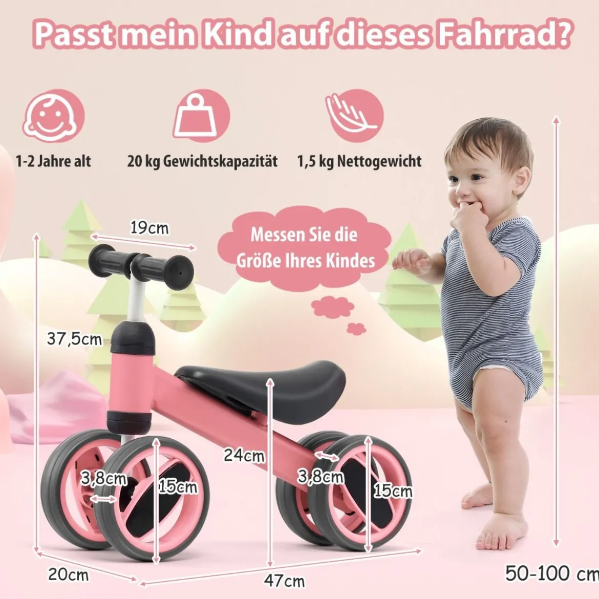 4 Räder Kinder Laufrad Balance Fahrrad ohne Pedal für Kinder von 1-2 Jahre Rosa
