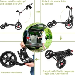 3-rädriger Golfwagen klappbarer leichter eiserner Golfwagen mit verstellbarem TPR-Griff Metall Golf Push Cart Schwarz