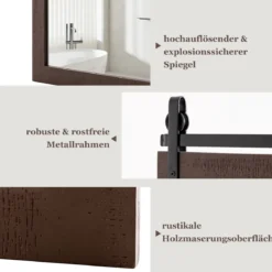 Rechteckiger Spiegel mit Holzrahmen Rustikaler Wandspiegel Unbrechbarer Hängespiegel