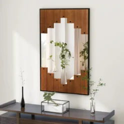 Rechteckiger Spiegel mit Holzrahmen 60 x 95 cm rustikaler Wandspiegel mit Zweirichtungshaken
