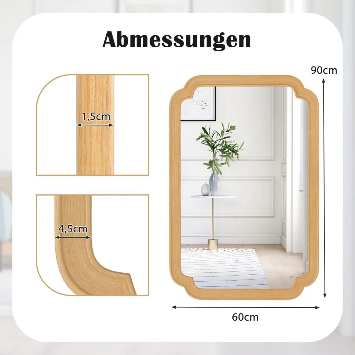Rechteckiger Spiegel mit Holzrahmen 90 x 60 cm Wandspiegel im Bauernhaus Hängespiegel dekorativ Spiegel groß für Wohnzimmer