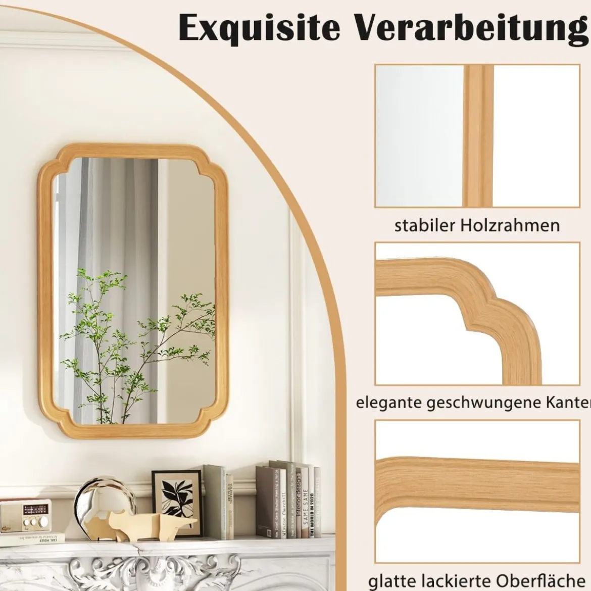 Rechteckiger Spiegel mit Holzrahmen 90 x 60 cm Wandspiegel im Bauernhaus Hängespiegel dekorativ Spiegel groß für Wohnzimmer