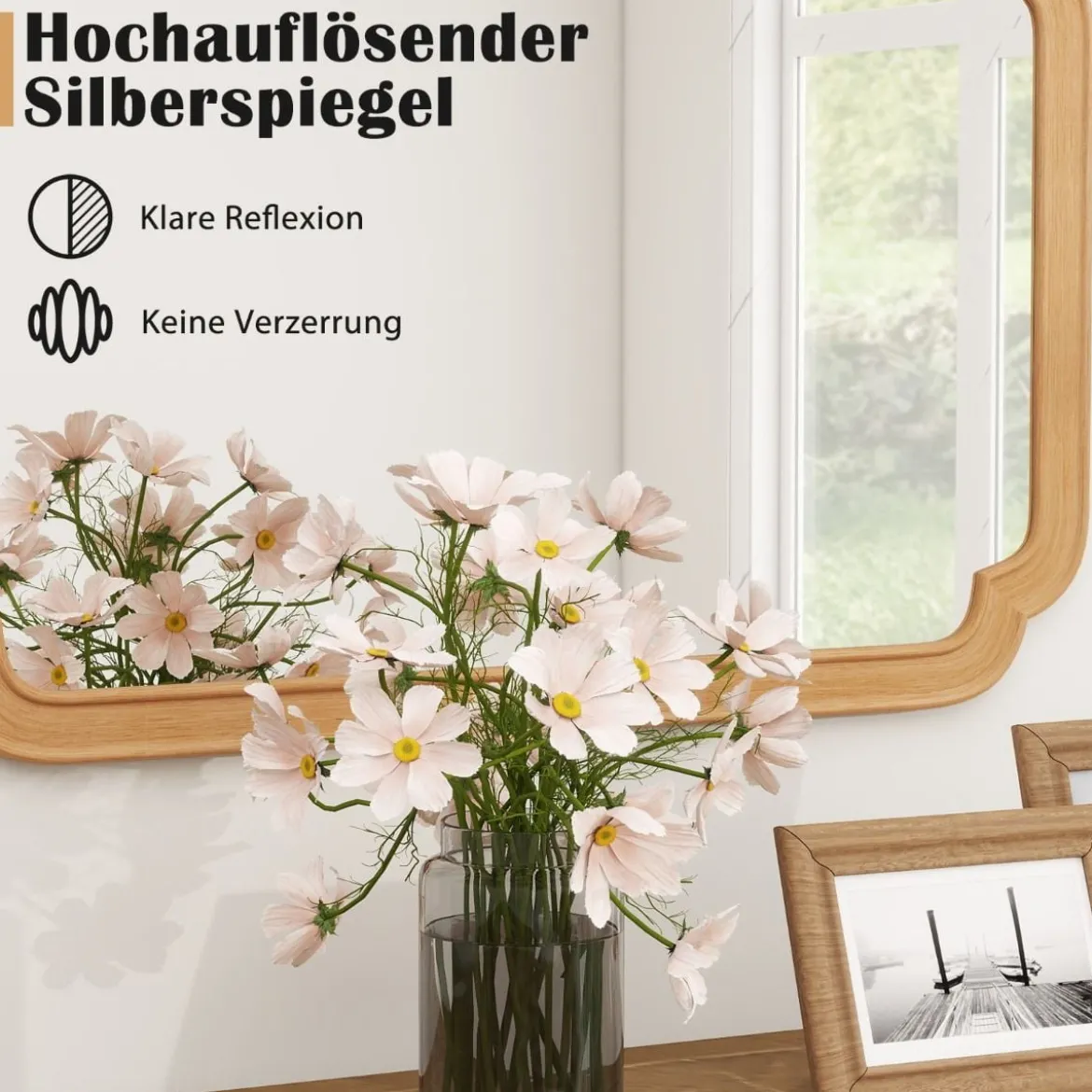 Rechteckiger Spiegel mit Holzrahmen 90 x 60 cm Wandspiegel im Bauernhaus Hängespiegel dekorativ Spiegel groß für Wohnzimmer