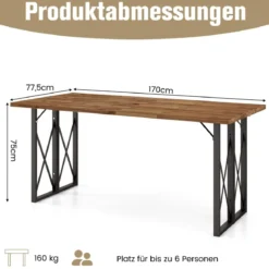Rechteckiger Terrassentisch Robuster Esstisch aus Akazienholz 170 x 77,5 x 75 cm Braun