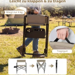 Regiestuhl Klappbar bis 150kg Campingstuhl mit Seitentisch Getränkehalter & Schliz Braun