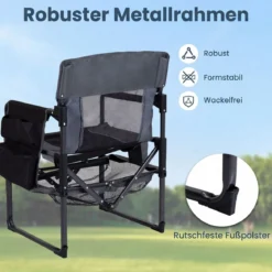 Regiestuhl Klappbar Campingstuhl mit Mesh-Ablage Getränkehalter & Flaschenöffner bis 150 kg Belastbar Schwarz