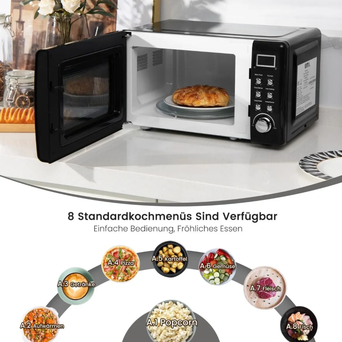 Retro Aufsatzmikrowellenofen mit 5 Mikrowellenleistungsstufen Schwarz