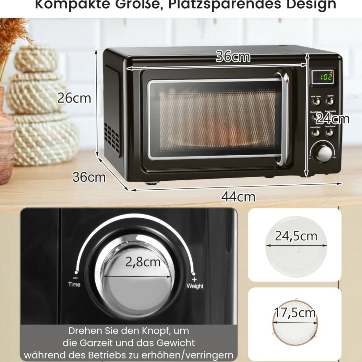 Retro Aufsatzmikrowellenofen mit 5 Mikrowellenleistungsstufen Schwarz