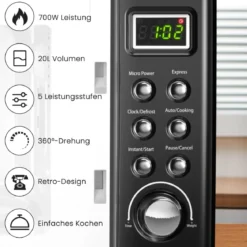 Retro Aufsatzmikrowellenofen mit 5 Mikrowellenleistungsstufen Schwarz