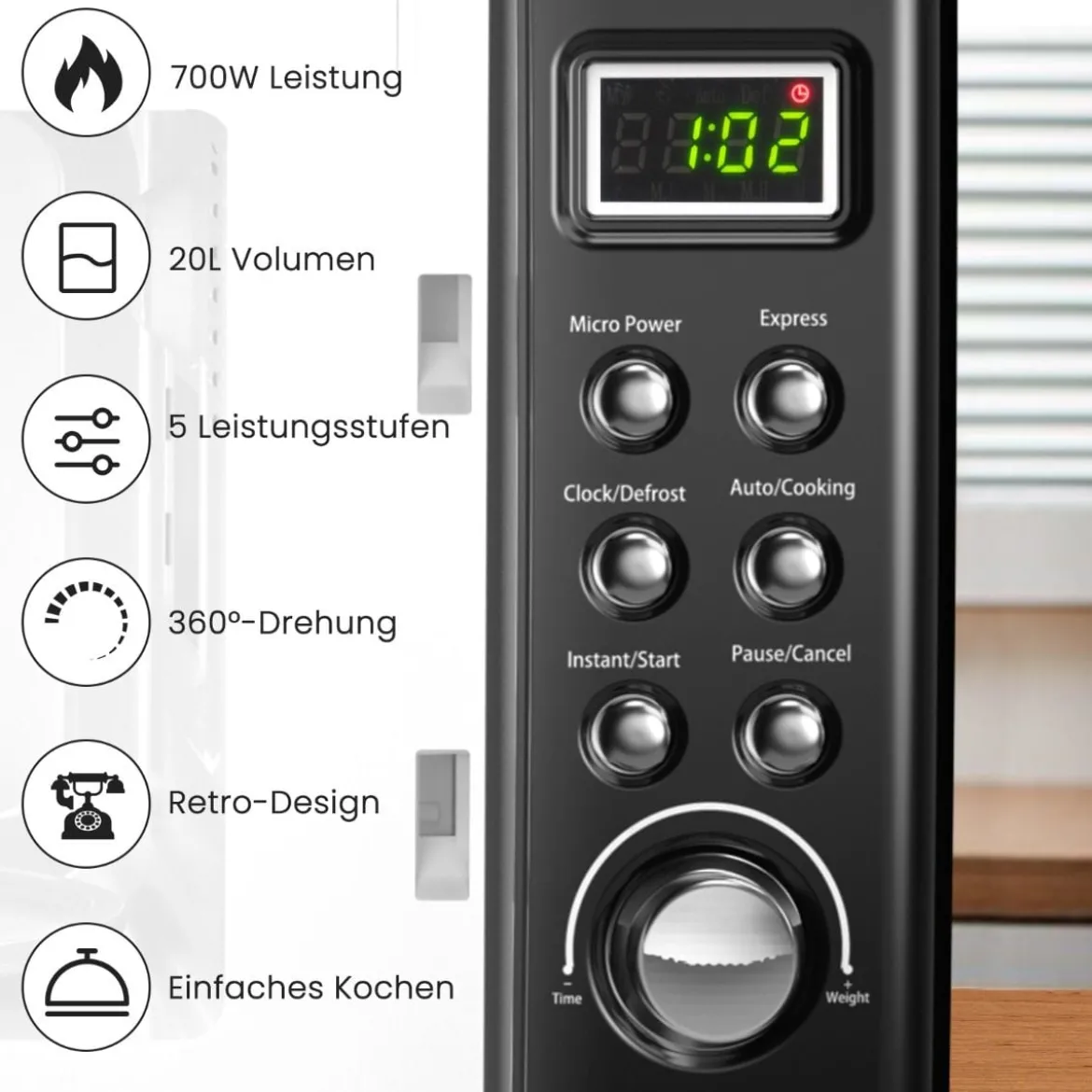 Retro Aufsatzmikrowellenofen mit 5 Mikrowellenleistungsstufen Schwarz