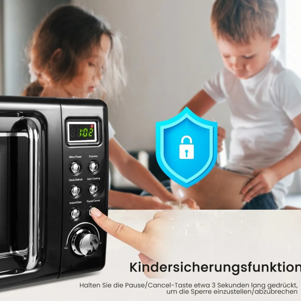 Retro Aufsatzmikrowellenofen mit 5 Mikrowellenleistungsstufen Schwarz