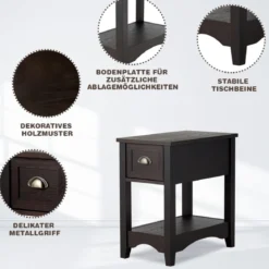 Retro Beistelltisch mit Schublade & Ablage Gummiholzbeine für Wohnzimmer & Schlafzimmer Walnuss