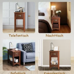 Retro Beistelltisch mit Schublade & Ablage Gummiholzbeine für Wohnzimmer & Schlafzimmer Rotbraun