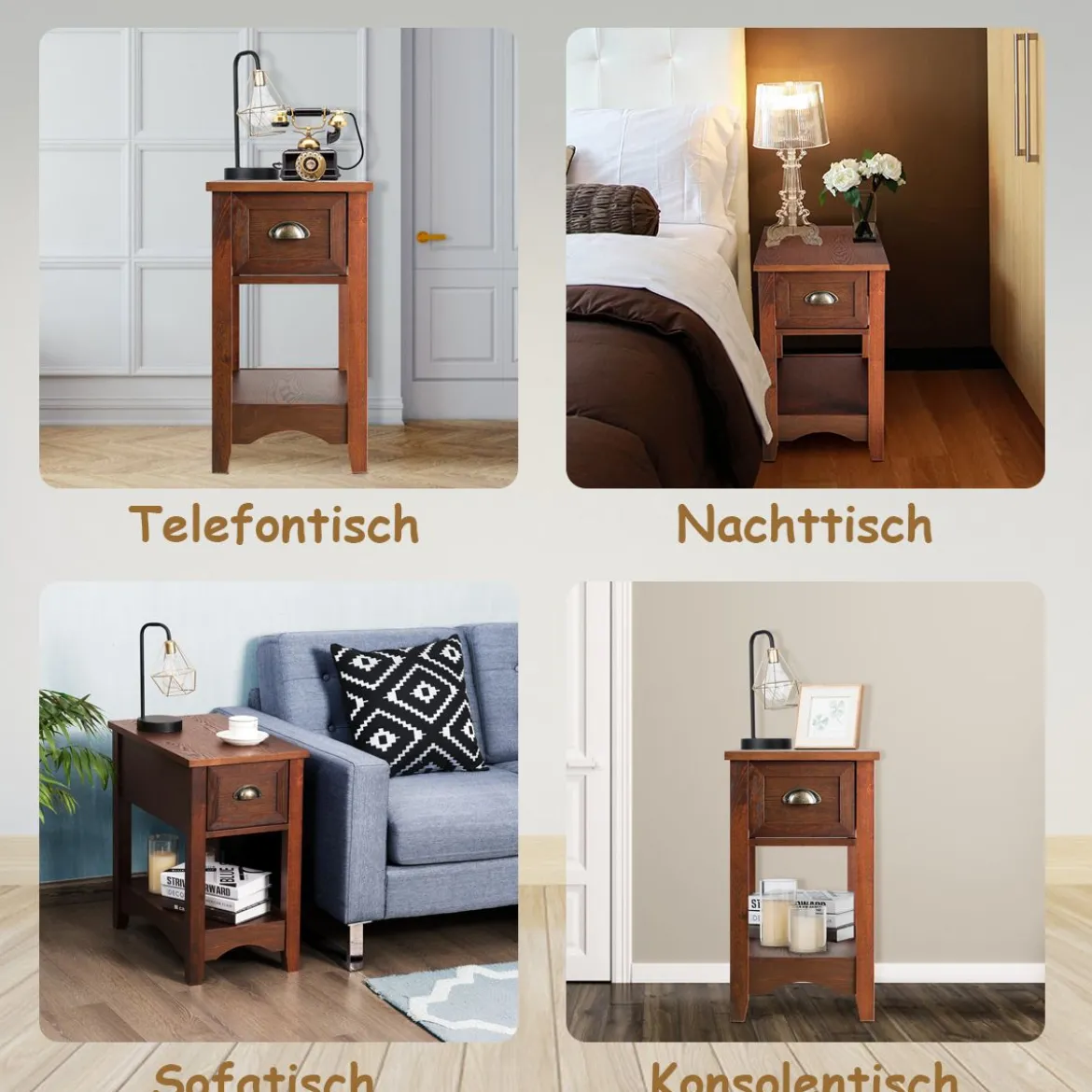 Retro Beistelltisch mit Schublade & Ablage Gummiholzbeine für Wohnzimmer & Schlafzimmer Rotbraun