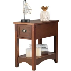 Retro Beistelltisch mit Schublade & Ablage Gummiholzbeine für Wohnzimmer & Schlafzimmer Rotbraun