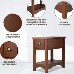 Retro Beistelltisch mit Schublade & Ablage Gummiholzbeine für Wohnzimmer & Schlafzimmer Rotbraun