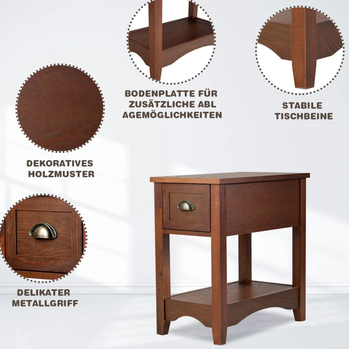 Retro Beistelltisch mit Schublade & Ablage Gummiholzbeine für Wohnzimmer & Schlafzimmer Rotbraun