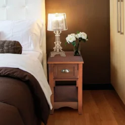 Retro Beistelltisch mit Schublade & Ablage Gummiholzbeine für Wohnzimmer & Schlafzimmer Rotbraun
