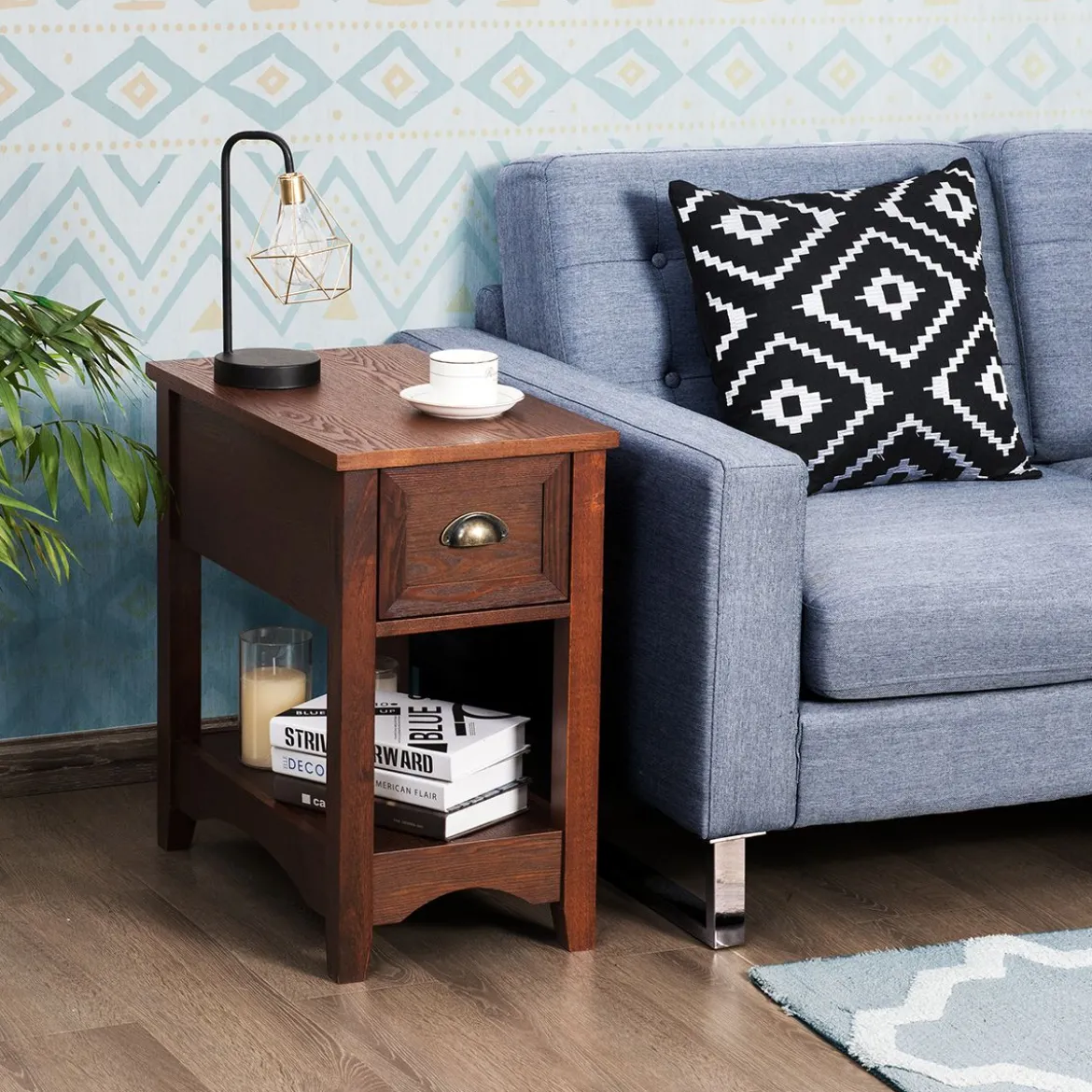 Retro Beistelltisch mit Schublade & Ablage Gummiholzbeine für Wohnzimmer & Schlafzimmer Rotbraun