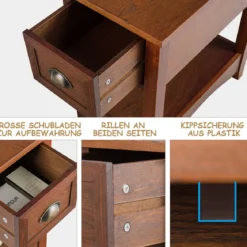 Retro Beistelltisch mit Schublade & Ablage Gummiholzbeine für Wohnzimmer & Schlafzimmer Rotbraun