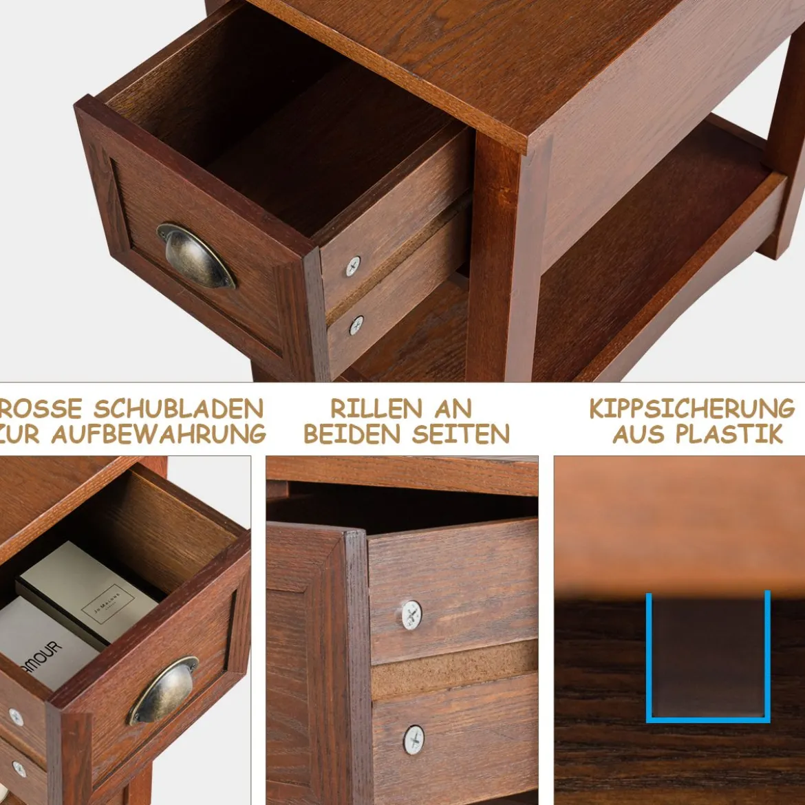 Retro Beistelltisch mit Schublade & Ablage Gummiholzbeine für Wohnzimmer & Schlafzimmer Rotbraun