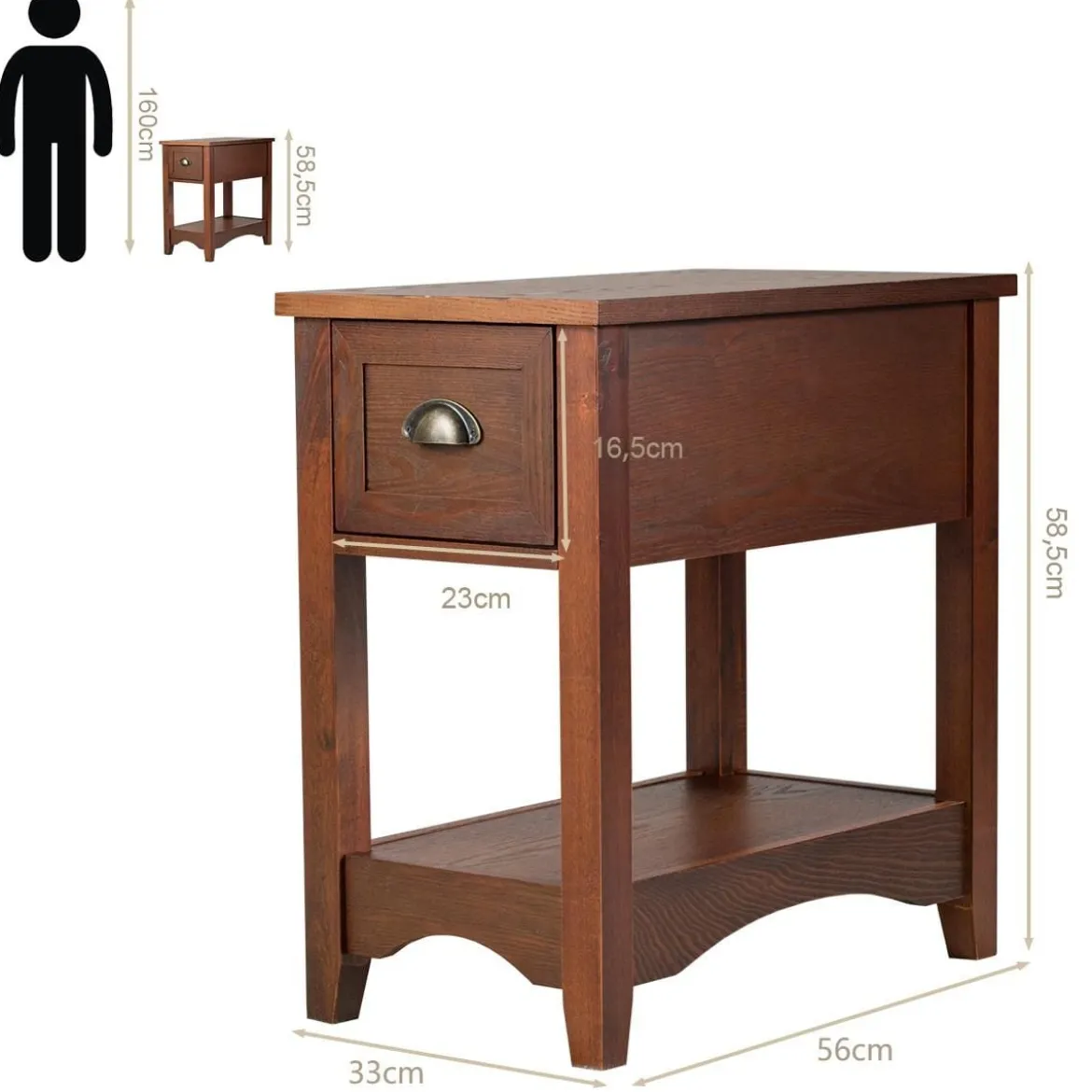 Retro Beistelltisch mit Schublade & Ablage Gummiholzbeine für Wohnzimmer & Schlafzimmer Rotbraun