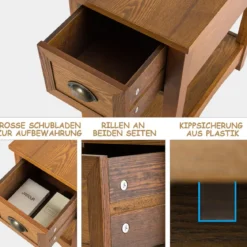 Retro Beistelltisch mit Schublade & Ablage Gummiholzbeine für Wohnzimmer & Schlafzimmer Gelbbraun