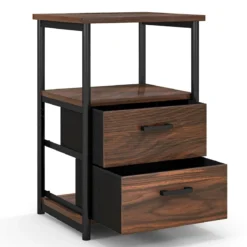 Retro-Nachttisch mit 2 Stoffschubladen Beistelltisch Industrie Design 34 x 30 x 58 cm Walnuss + Schwarz