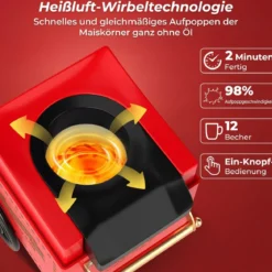 Retro Popcornmaschine 1200W Heißluft Popcorn Maker mit 67 ml Messbecher Ohne Öl Rot