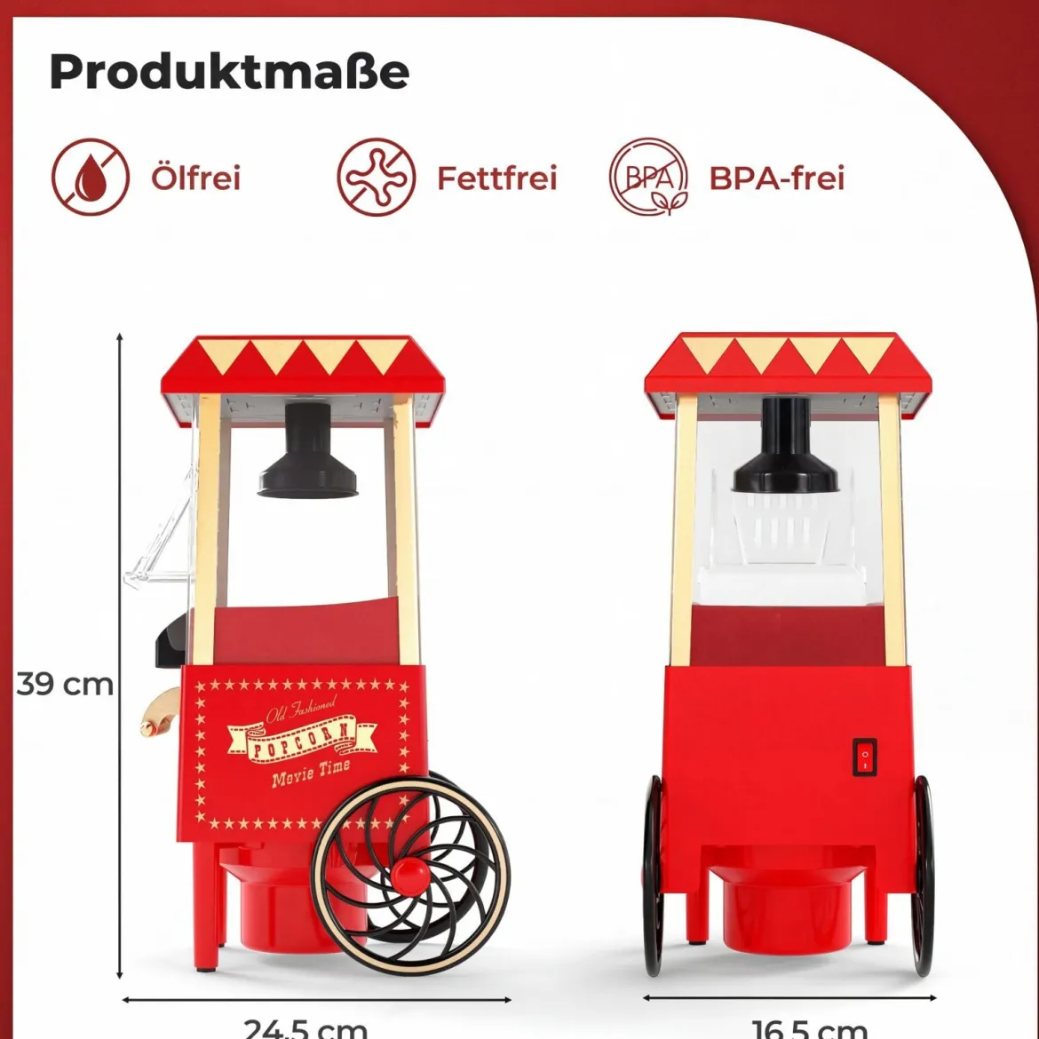 Retro Popcornmaschine 1200W Heißluft Popcorn Maker mit 67 ml Messbecher Ohne Öl Rot