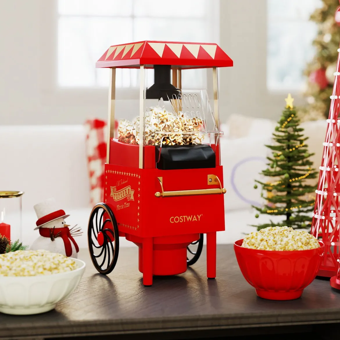 Retro Popcornmaschine 1200W Heißluft Popcorn Maker mit 67 ml Messbecher Ohne Öl Rot