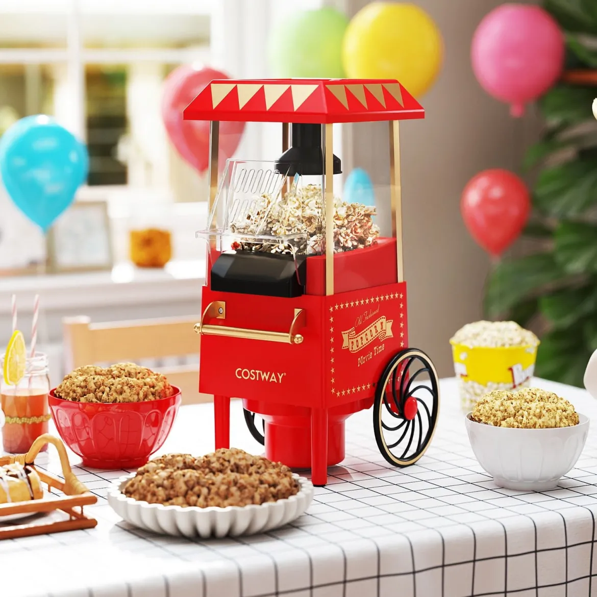 Retro Popcornmaschine 1200W Heißluft Popcorn Maker mit 67 ml Messbecher Ohne Öl Rot