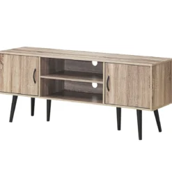 Retro-TV-Schrank mit 2 Aufbewahrungsschränken offenes Regal Massivholzbeine Kommode Grau