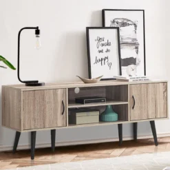 Retro-TV-Schrank mit 2 Aufbewahrungsschränken offenes Regal Massivholzbeine Kommode Grau