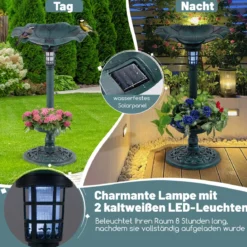 Retro Vogeltränke mit Solarleuchte Blumentopf Vogelfutterhaus & Ständer Vogelfutterstation Grün