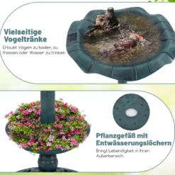 Retro Vogeltränke mit Solarleuchte Blumentopf Vogelfutterhaus & Ständer Vogelfutterstation Grün