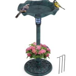 Retro Vogeltränke mit Solarleuchte Blumentopf Vogelfutterhaus & Ständer Vogelfutterstation Grün