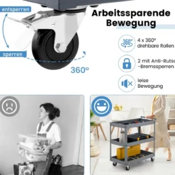 Robuster 3-stöckiger Trolley rollender Transportwagen aus Metall mit 3 Ablagen und ergonomischem Griff Grau