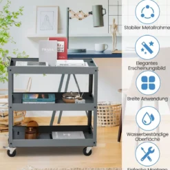 Robuster 3-stöckiger Trolley rollender Transportwagen aus Metall mit 3 Ablagen und ergonomischem Griff Grau