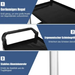 Robuster 3 stufiger Servicewagen mit humanisierten Griffen viel Stauraum & flexiblen Rädern mit Bremssystem Schwarz