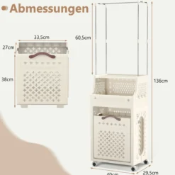 Rollbarer Wäschekorb mit Kleiderbügel mehrschichtiger faltbarer Kunststoff-Wäschebehälter Beige
