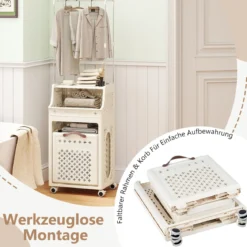 Rollbarer Wäschekorb mit Kleiderbügel mehrschichtiger faltbarer Kunststoff-Wäschebehälter Beige