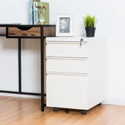 Rollcontainer abschließbarer Büroschrank Aktenschrank mit Kippschutz Bürocontainer mit 3 Schubladen Weiß