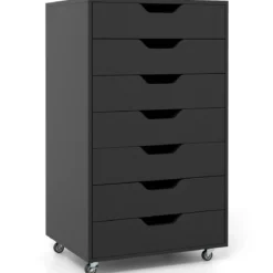 Rollcontainer mit 7 Schubladen mobiler Aktenschrank mit Rädern Bürocontainer Schubladenschrank Schwarz