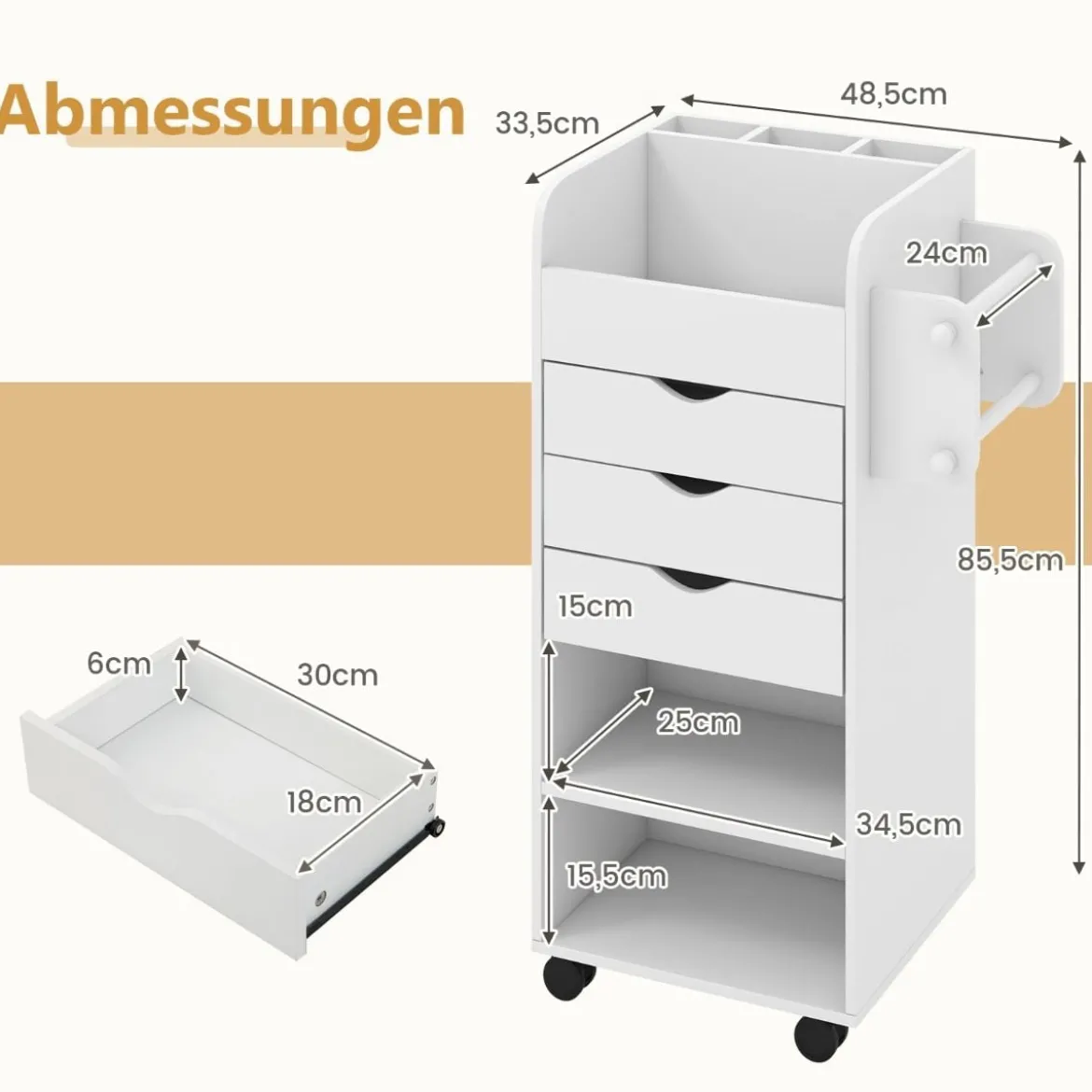Rollcontainer mit 3 Schubladen & 2 Rollstangen & 3 Fächern Bastelwagen Rollwagen Weiß