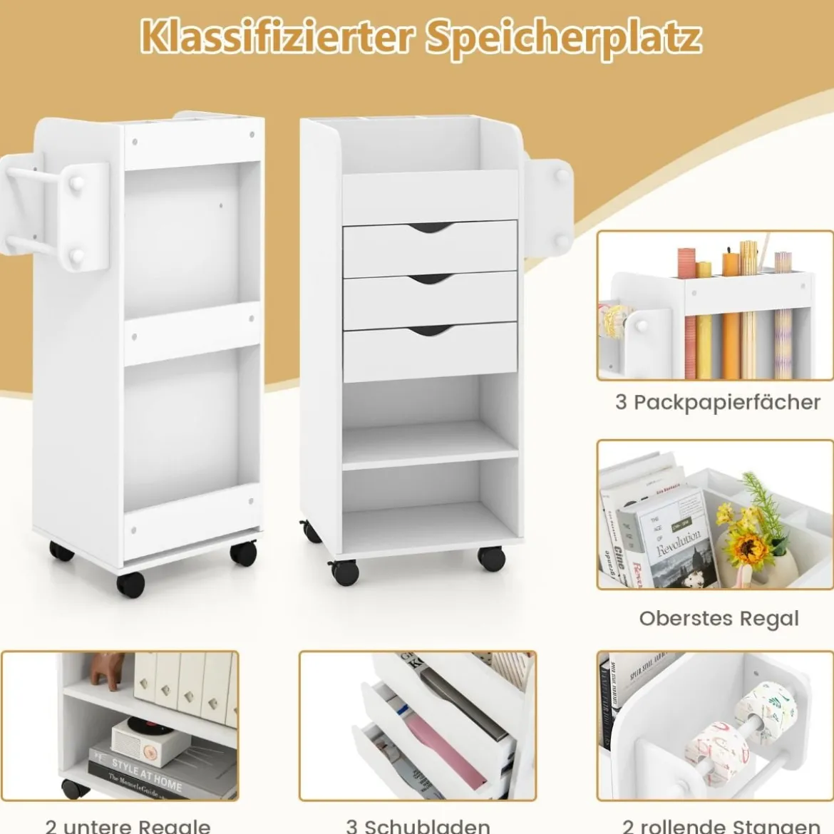 Rollcontainer mit 3 Schubladen & 2 Rollstangen & 3 Fächern Bastelwagen Rollwagen Weiß