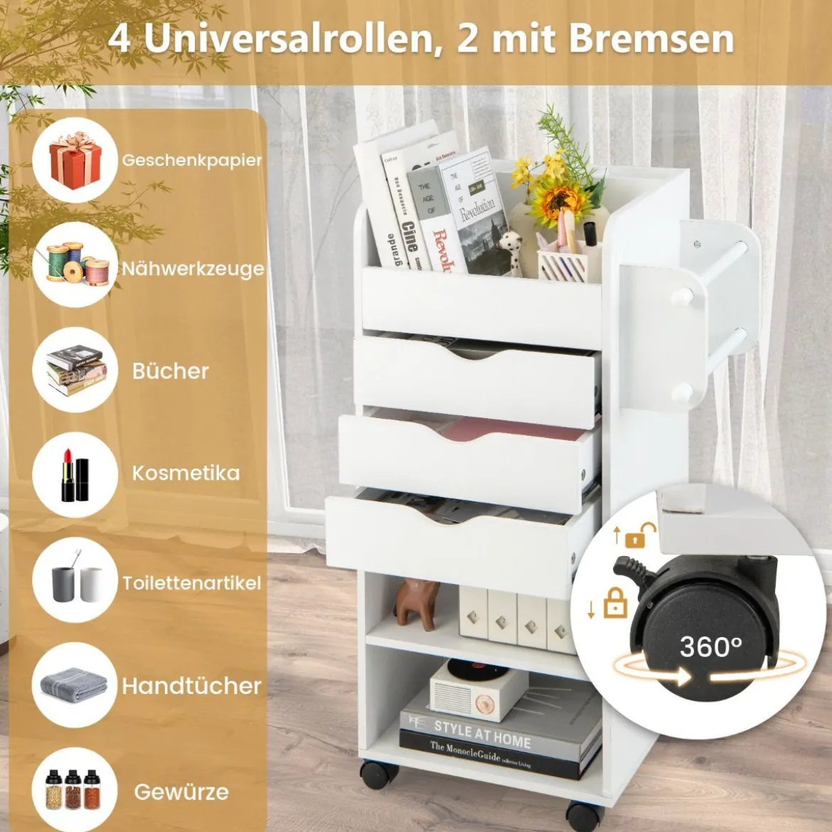 Rollcontainer mit 3 Schubladen & 2 Rollstangen & 3 Fächern Bastelwagen Rollwagen Weiß