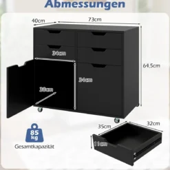 Rollcontainer mit 4 Schubladen & 2 Türen Aktenschrank mit Rollen Druckerständer Schwarz