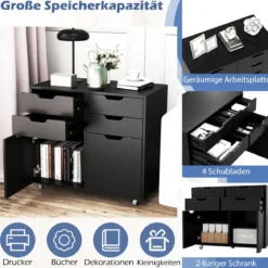 Rollcontainer mit 4 Schubladen & 2 Türen Aktenschrank mit Rollen Druckerständer Schwarz