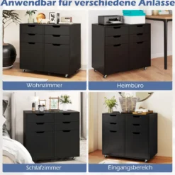 Rollcontainer mit 4 Schubladen & 2 Türen Aktenschrank mit Rollen Druckerständer Schwarz